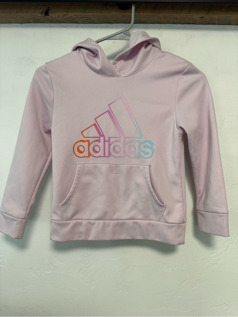 adidas Light Pink Hoodie with Multicolor Gradient Logo